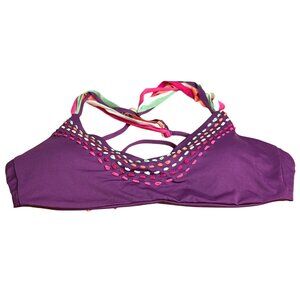 Becca by Rebecca Virtue Embroidered Bikini Top Sz M Colorful Tassel Tie Back NEW